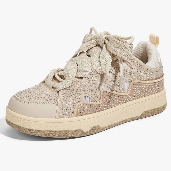 Beige Rhinestone Double Lace-Up Sneakers - Picture 3 of 3